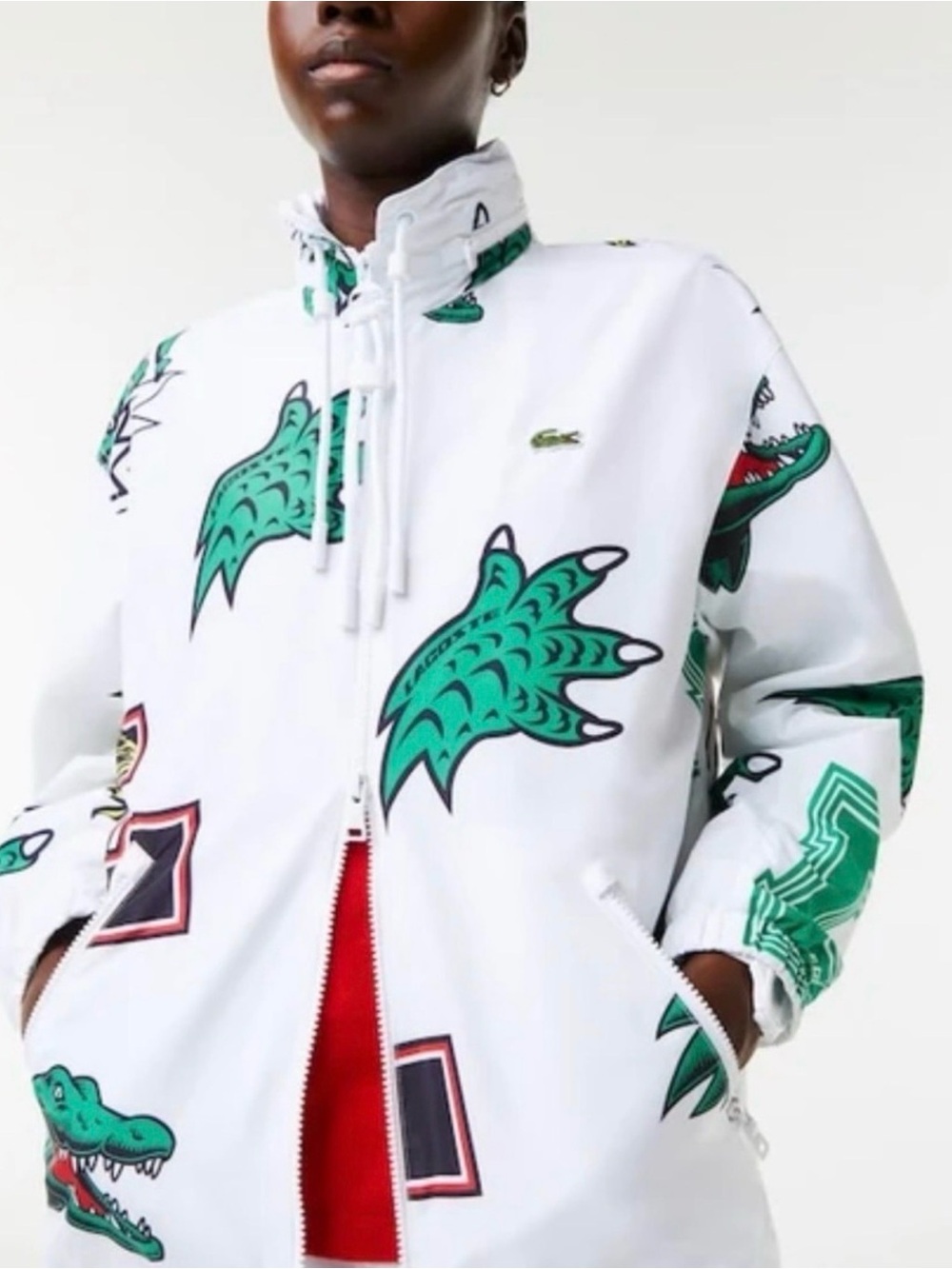Lacoste Unisex Holiday Water-Repellent Taffeta Logo Jacket White/Multi, Size L